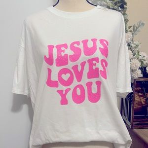 Brand New Custom Jesus Loves You Pink Sparkle Graphic Tee
